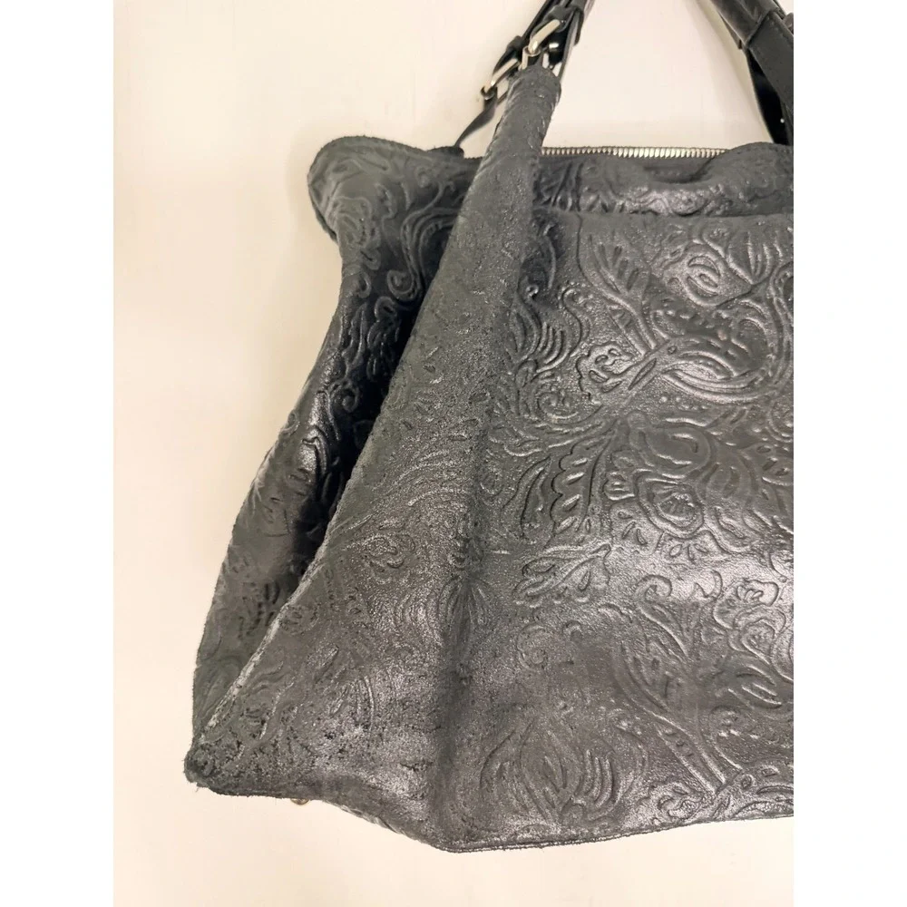 Isadora Italy Black Embossed Floral Leather Hobo Bag Slouchy Shoulder Tote Large